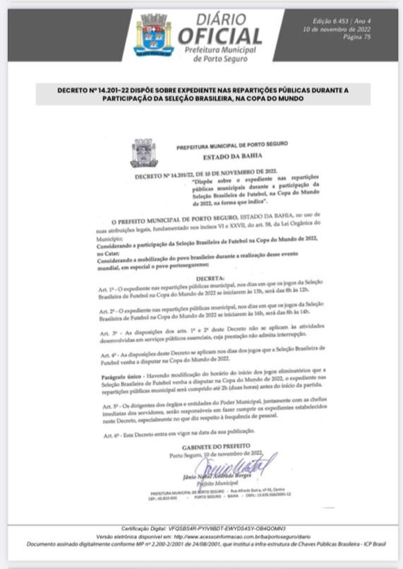 Prefeitura edita decreto que altera horário de expediente durante os jogos  do Brasil na Copa do Mundo 2022